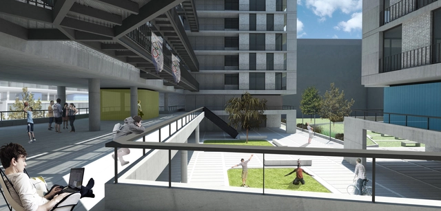 Mariana Baulán + Martín Szydlowski, primer lugar del cuarto concurso Villa Olimpica Buenos Aires 2018 - Arquitectura Deportiva, Fachada, Barandas